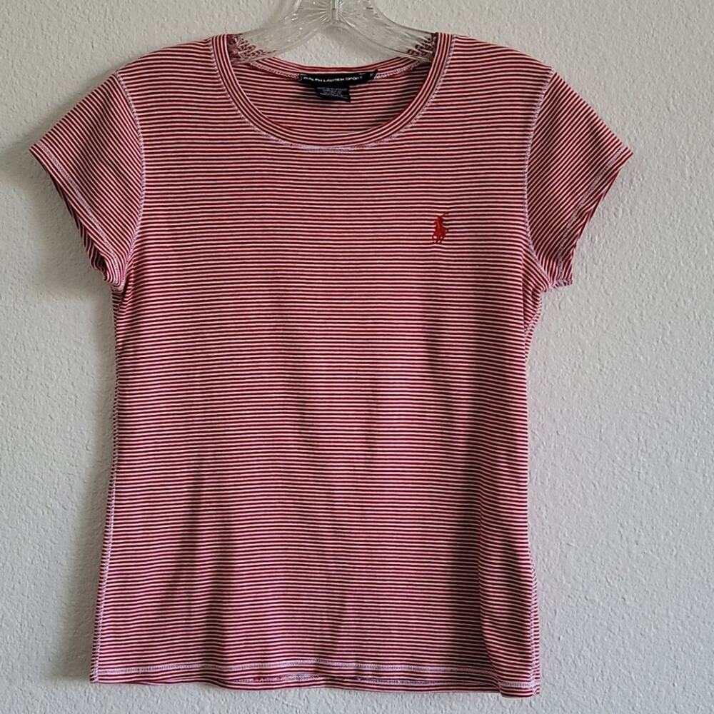 RALPH LAUREN Tee Striped Blue Label Scoop Neck Size Medium Red & White